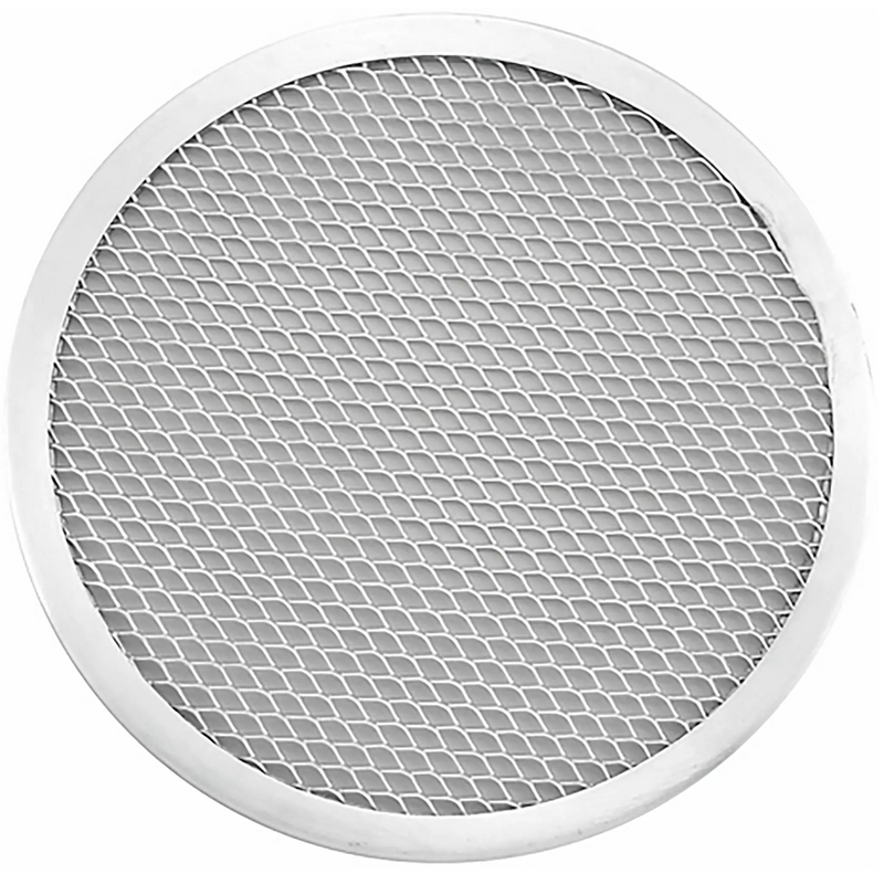 Winco aluminum seamless pizza screen, round expanded aluminum mesh with seamless rim, top view of one size