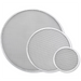 Winco aluminum seamless pizza screens, three round mesh screens in different sizes shown stacked together