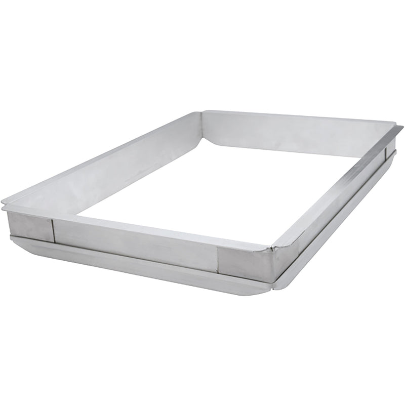 Winco aluminum sheet pan extender, rectangular natural aluminum frame that fits inside a sheet pan, angled view