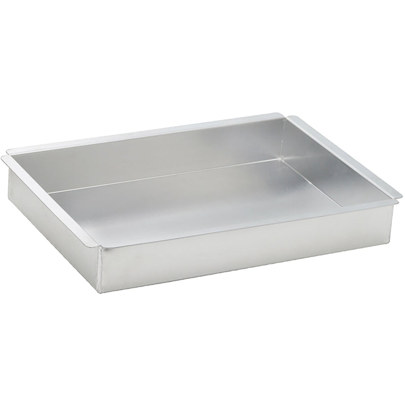 Winco aluminum square layer cake pan, natural aluminum square pan with straight sides, angled view of one size
