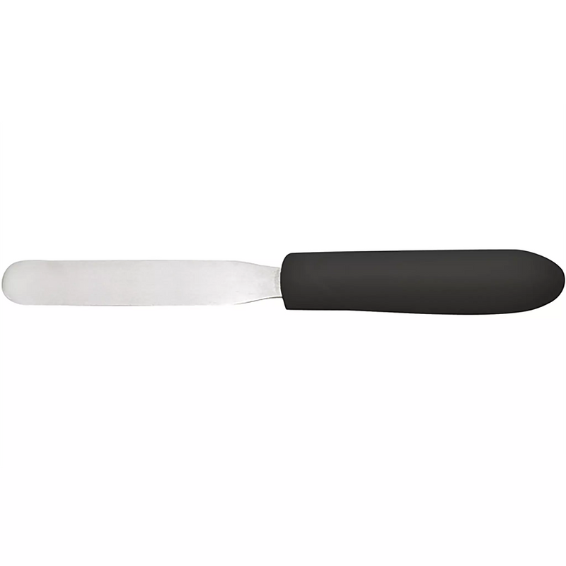Winco straight stainless steel bakery spatula with rounded tip and black handle, shortest blade size, side view