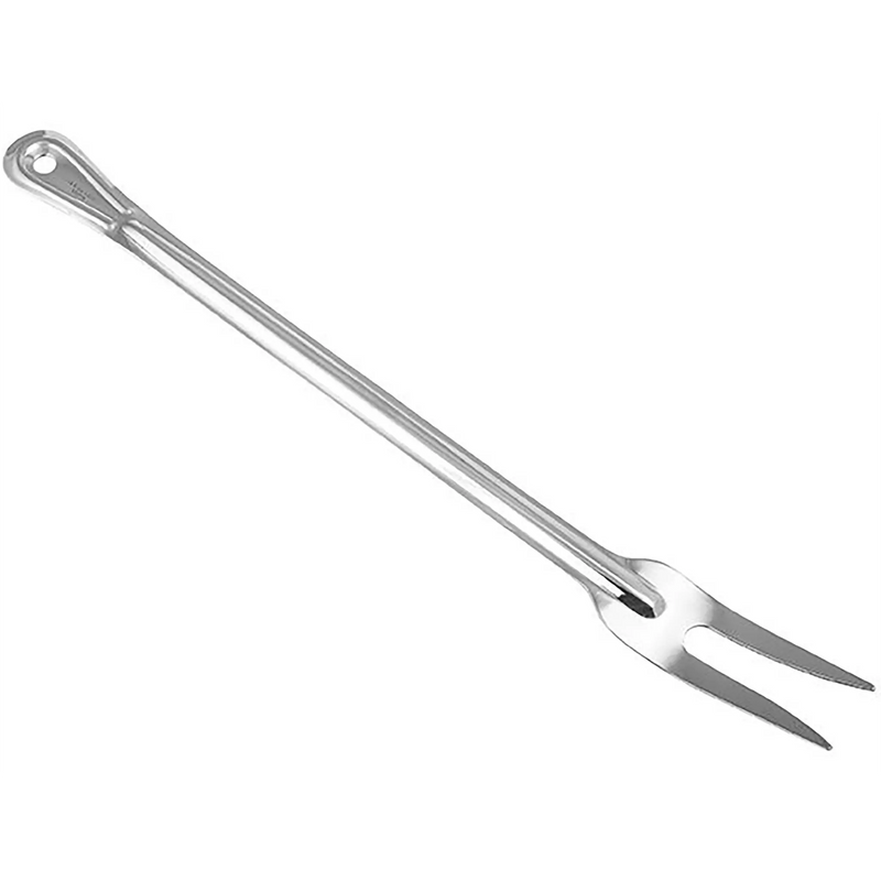 Winco stainless steel basting fork with two curved tines and hanging hole handle, shorter size option