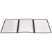 Winco black panel menu cover, open three-panel trifold style with clear vinyl pages and black edges