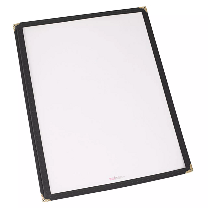 Winco black panel menu cover, single panel with clear vinyl sleeve and gold metal corner protectors
