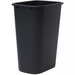 Winco black plastic waste basket, second size option of the rectangular tapered trash can, front view