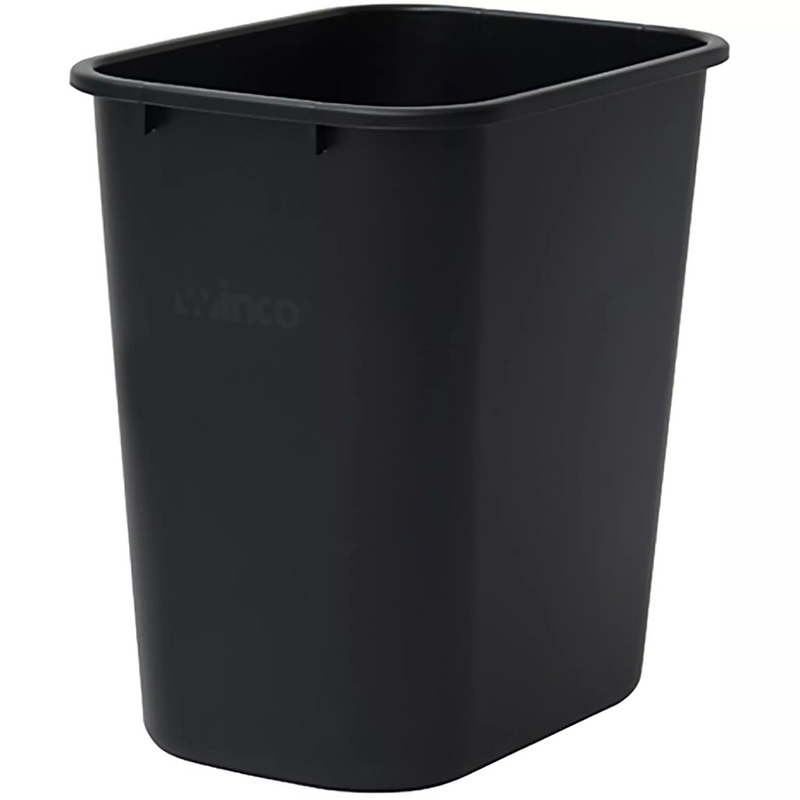Winco black plastic waste basket, rectangular tapered office and restaurant trash can, front view