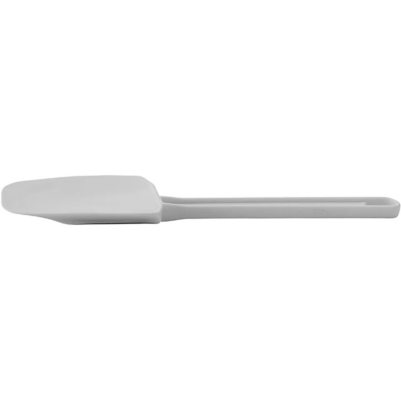 Winco bowl shape silicone spatula scraper with wide white curved blade and white handle, largest blade size
