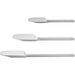 Winco bowl shape silicone spatula scrapers in three sizes with white curved blades and white handles, side view