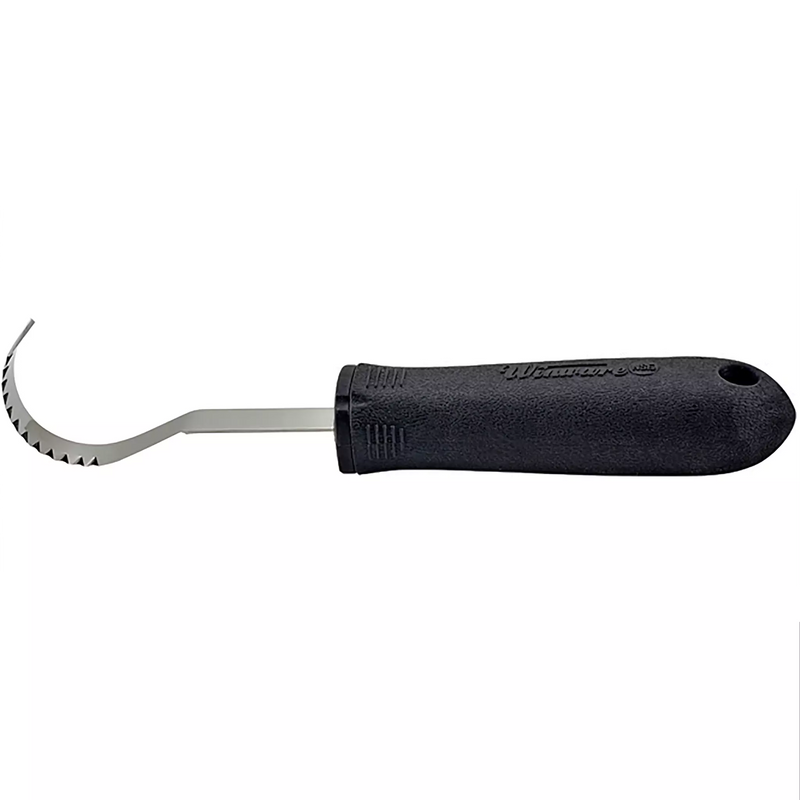 Winco butter curler with soft grip handle, hooked serrated stainless steel blade and black non-slip handle