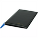 Winco check holder in black vinyl, closed guest check presenter with a blue pen tucked in the side loop