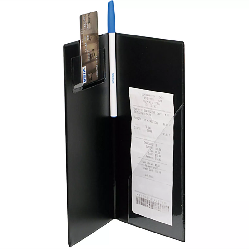 Winco check holder, black vinyl guest check presenter shown open with a receipt, card slot and pen loop