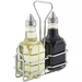 Winco chrome-plated cruet rack holding two 6 oz glass oil and vinegar bottles with pour spout caps