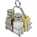 Winco chrome plated cruet rack holding glass salt and pepper shakers and sugar packets on a table