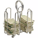 Winco chrome plated cruet rack for sugar packets shown filled with sweetener packets in both sections