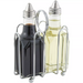 Winco chrome plated sugar packet cruet rack shown holding two glass oil and vinegar bottles instead