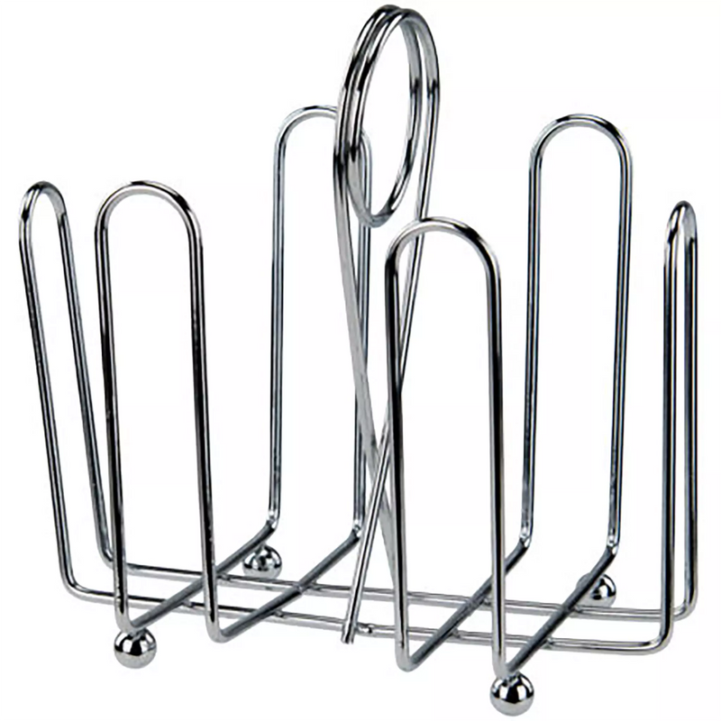 Winco chrome plated cruet rack for sugar packets, empty wire rack with two packet sections and ring handle