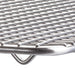 Winco chrome-plated pan grate rack for steam table pan, close-up of the wire mesh and bent support foot