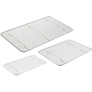 Winco chrome-plated pan grate rack for steam table pans, three sizes shown together from above
