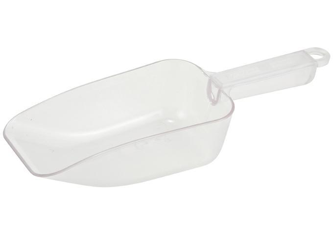 Winco clear polycarbonate scoop with deep rounded bowl and ribbed hollow handle, angled side view