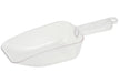 Winco clear polycarbonate scoop with deep rounded bowl and ribbed hollow handle, angled side view