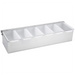 Winco condiment holder with stainless steel base and six white plastic insert compartments, largest size