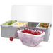 Winco condiment holder with clear hinged lid filled with bar garnishes, one insert of cherries removed