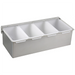 Winco condiment holder with stainless steel base and four white plastic insert compartments, smallest size