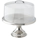 Winco clear cover for CKS-13 cake stand shown fitted over the stainless steel pedestal cake stand