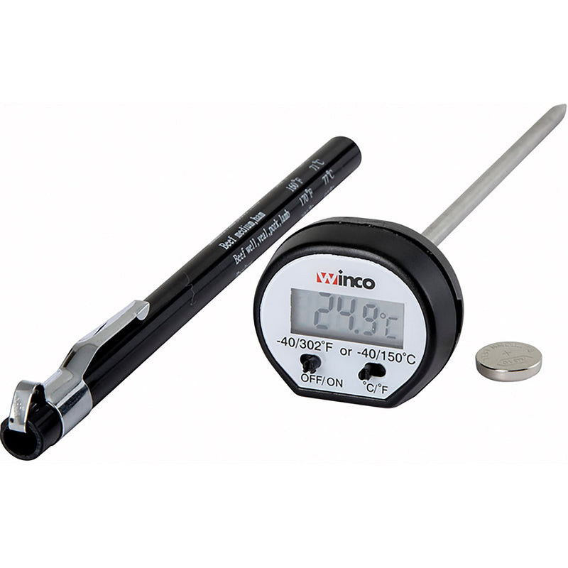 Winco digital LCD thermometer, black pocket probe thermometer with stainless steel stem and sleeve clip