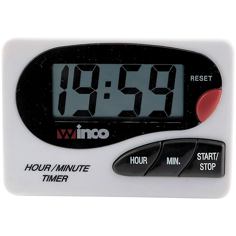 Winco digital LCD timer, white hour and minute kitchen timer with large display and red reset button