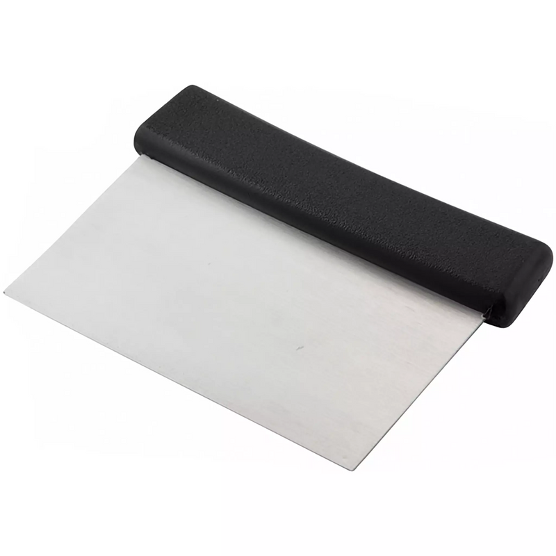 Winco dough scraper with black plastic handle and flat rectangular stainless steel blade, angled view