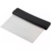 Winco dough scraper with black plastic handle and flat rectangular stainless steel blade, angled view