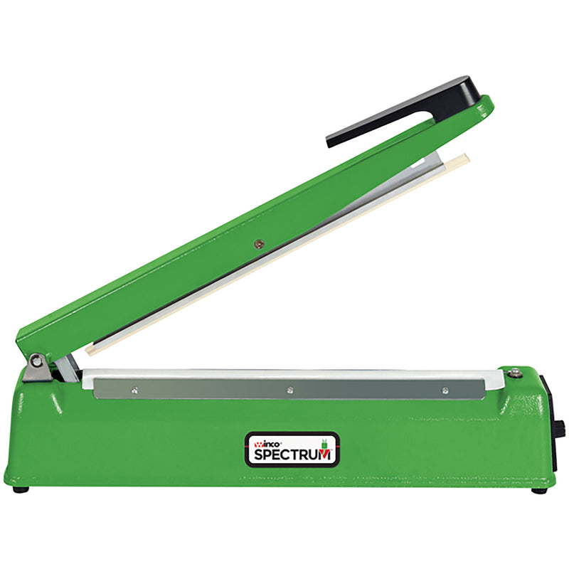 Winco EBS-400M Spectrum 16-inch impulse bag sealer, green metal body with sealing arm raised, side angled view