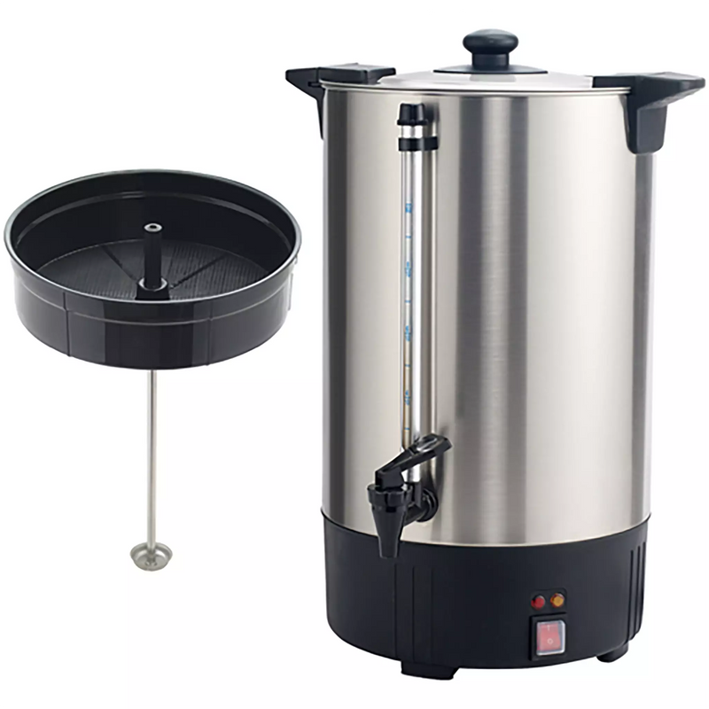Winco ECU-100A 16L electric percolator and hot water dispenser, stainless steel urn shown with percolator basket