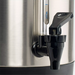 Winco ECU-50A 8L electric percolator, close-up of the black dispensing faucet and sight gauge on the stainless body