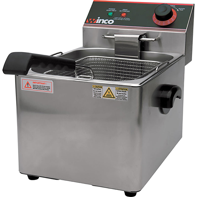 Winco EFS-16 electric counter top single well deep fryer, 120V stainless steel unit with basket and front handle