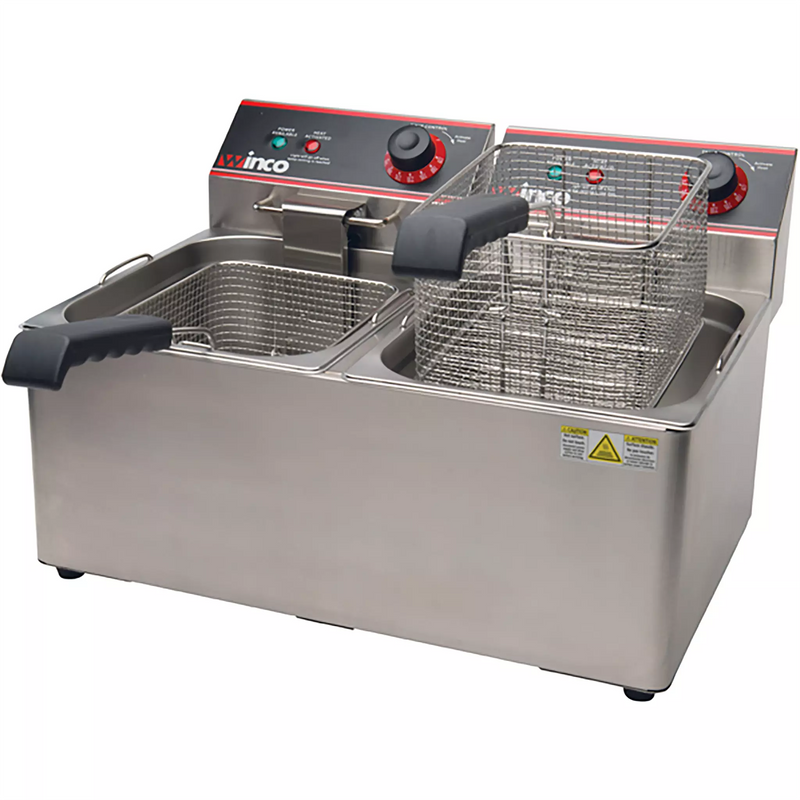 Winco EFT-32 electric counter top double well deep fryer, 120V stainless steel with two baskets and controls
