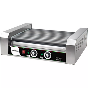 Winco EHDG-11R Spectrum RollRight hot dog roller with 11 rollers, stainless steel body and front dials, angled view