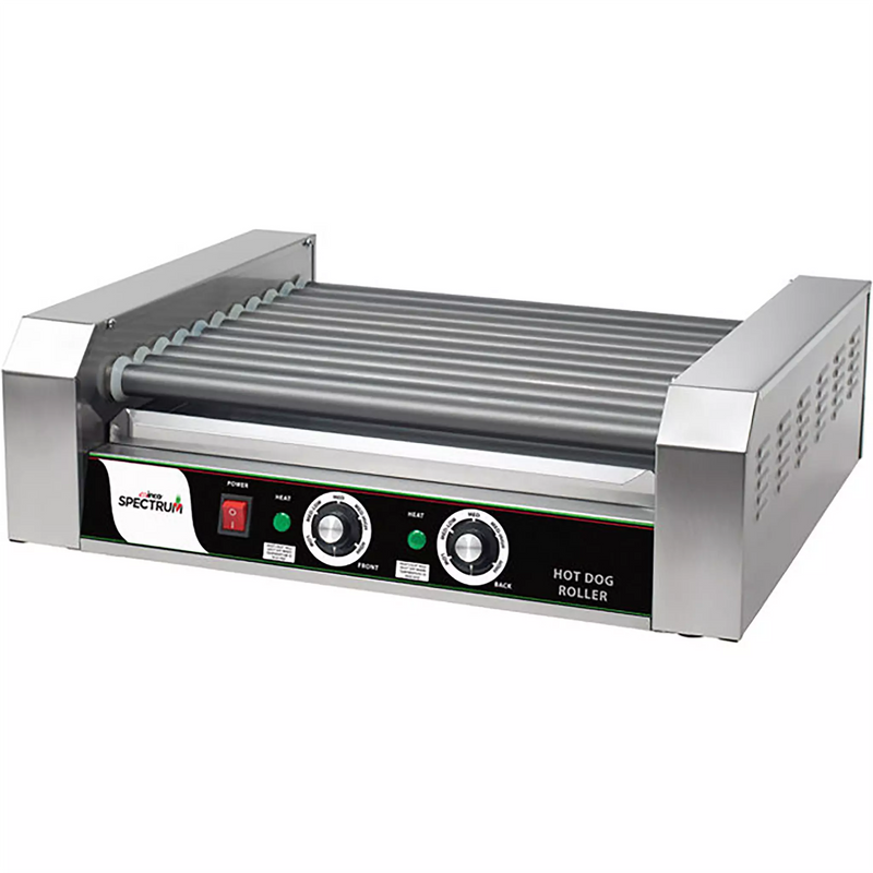 Winco EHDG-11R Spectrum RollRight hot dog roller with 11 rollers, stainless steel body and front dials, angled view