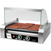 Winco EHDG-11SG Spectrum sneeze guard installed on the EHDG-11R hot dog roller, shown with hot dogs on the rollers