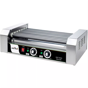 Winco EHDG-7R Spectrum RollRight hot dog roller, empty 7-roller stainless steel grill with front controls, angled
