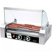 Winco EHDG-7SG Spectrum sneeze guard shown mounted on the EHDG-7R hot dog roller with hot dogs on the rollers
