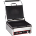 Winco EPG-1C single press panini grill with lid open, showing the black ribbed top and bottom grill surfaces