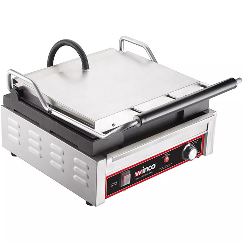 Winco EPG-1C single 14 x 12 inch press panini grill, stainless steel body with lid closed and red front controls