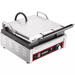 Winco EPG-1C single 14 x 12 inch press panini grill, stainless steel body with lid closed and red front controls