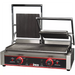 Winco EPG-2 double 19 x 9 inch press panini grill with ribbed surfaces, both lids open and red front control knobs