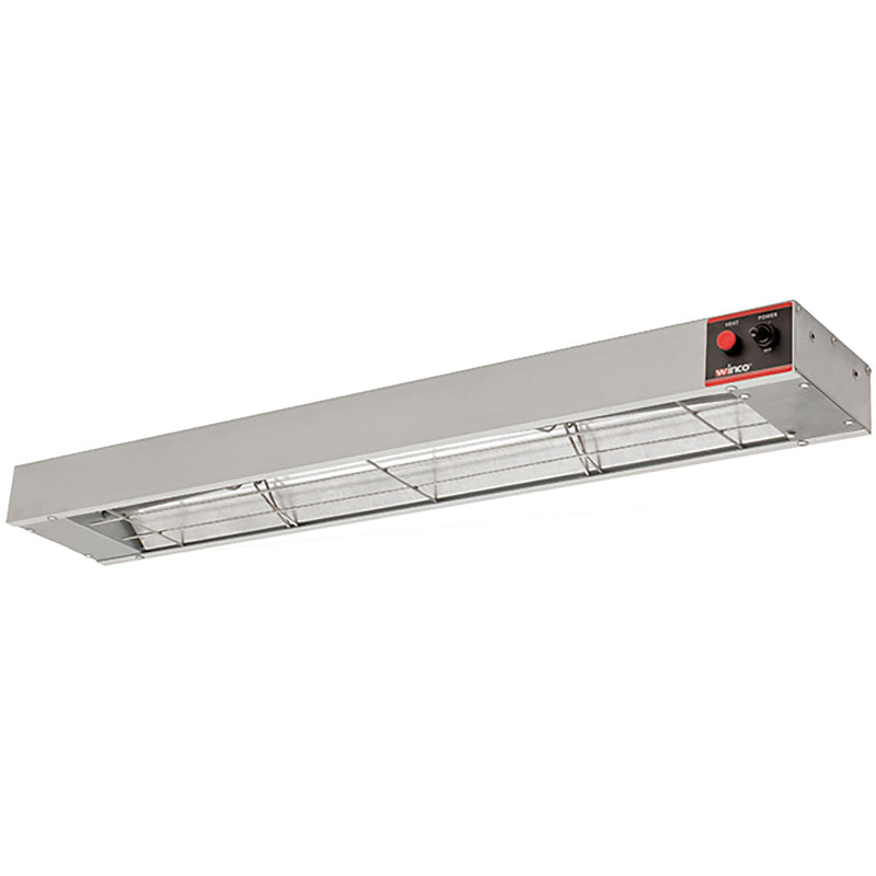 Winco ESH-36 electric 36-inch strip heater, stainless steel overhead food warmer with end controls, angled view