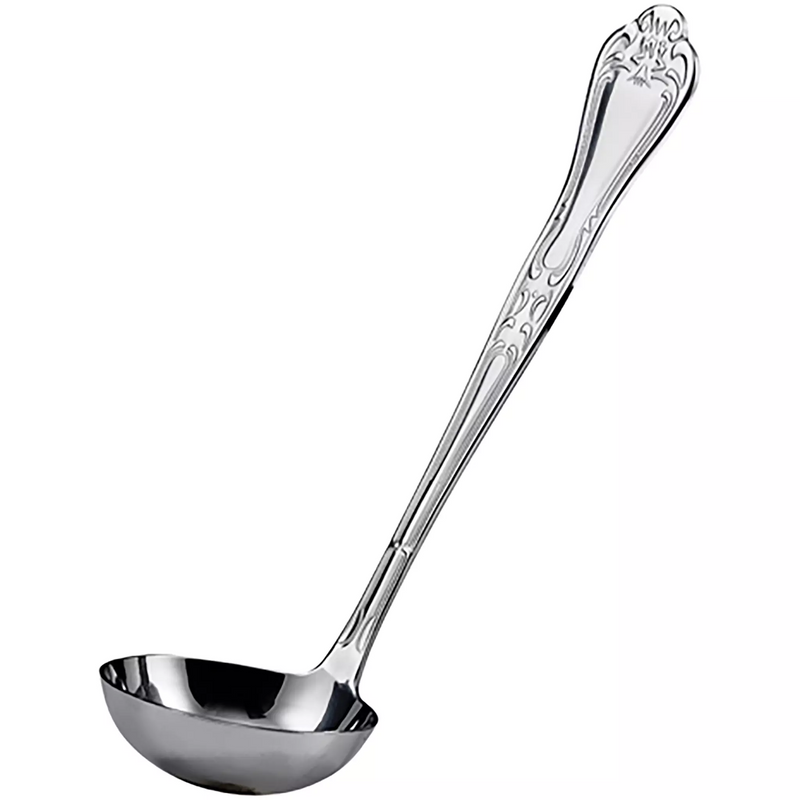 Winco Elegant stainless steel ladle with ornate embossed handle and polished round bowl, smaller size