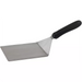 Winco extra heavy stainless steel turner with cutting edge, wide square blade and black handle, angled view