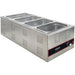 Winco FW-L600 4/3 electric food warmer, stainless steel unit shown holding a row of third-size food pans